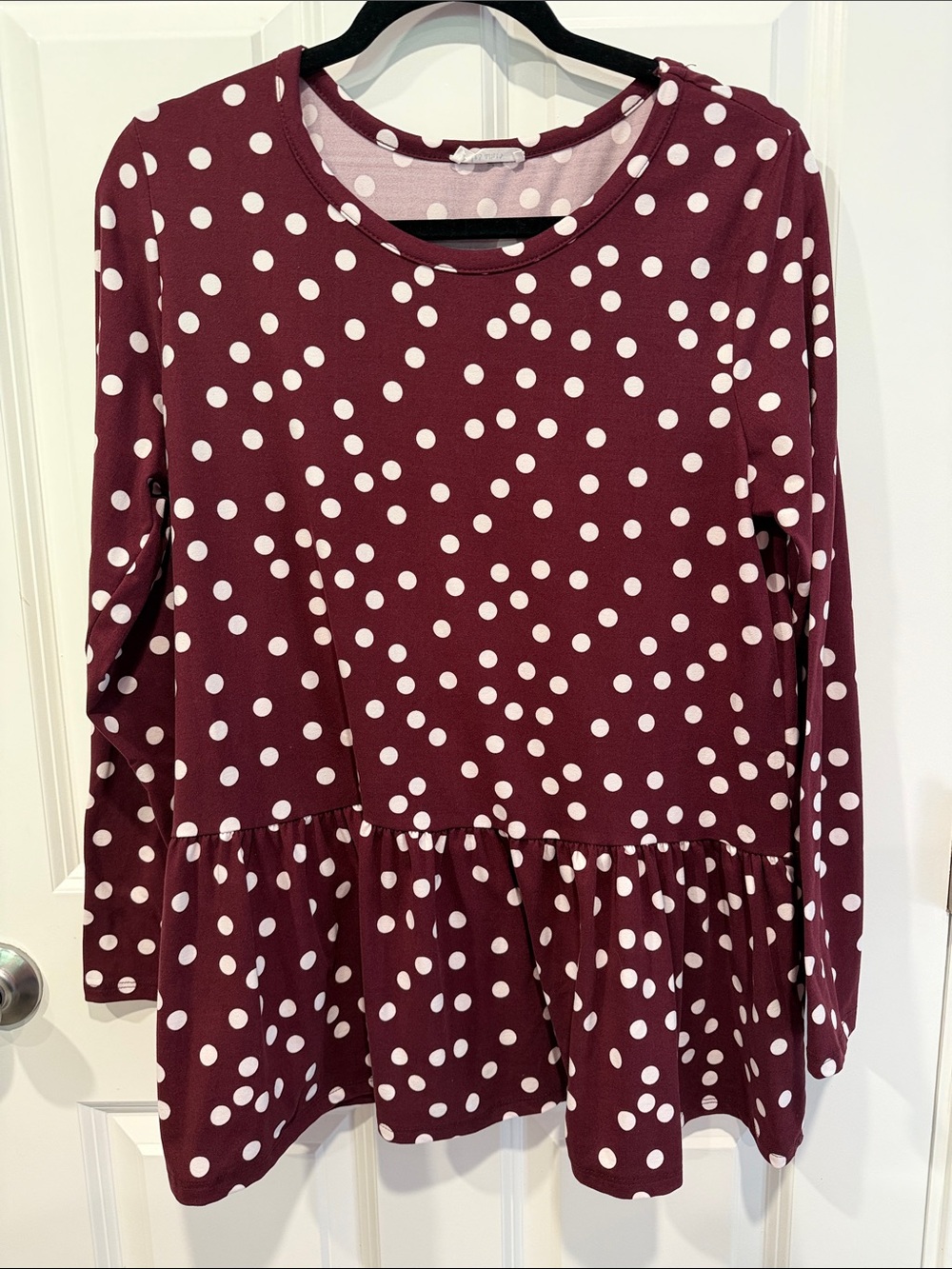 Polka Dot Long-Sleeve Peplum Top - Burgundy/White